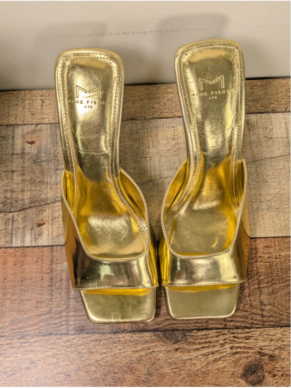 Marc Fisher 7.5 LTD Baber Metallic Gold Leather Heel Slide Square Toe Sandals - Picture 5 of 10